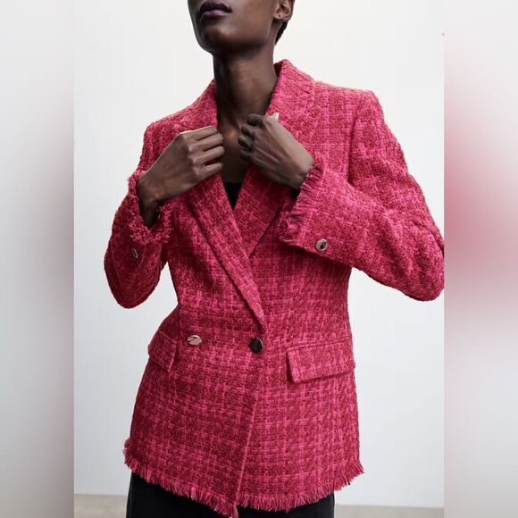 Mango Tweed Blazer Buttons Fuchsia New - Picture 4 of 9
